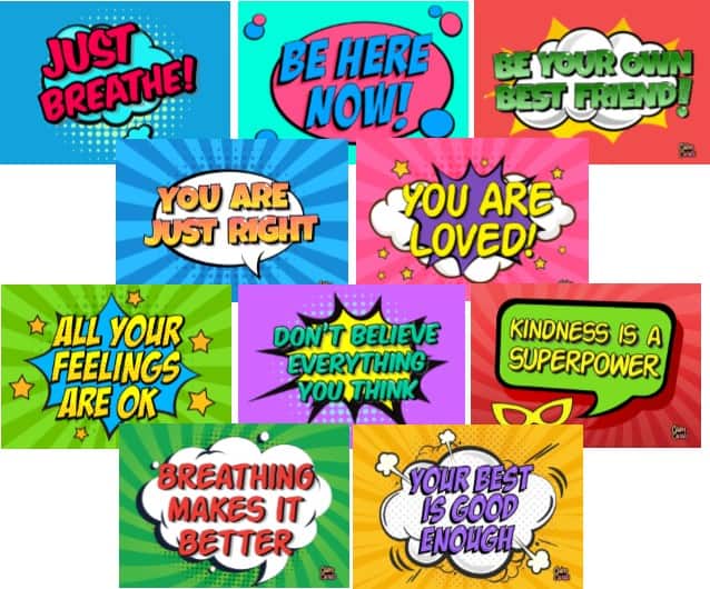 Comic-style Calm Cards featuring colourful positive messages